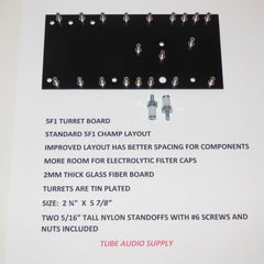 5F1 TWEED CHAMP TURRET BOARD, IMPROVED SPACING, TINNED TURRETS, W/STANDOFFS